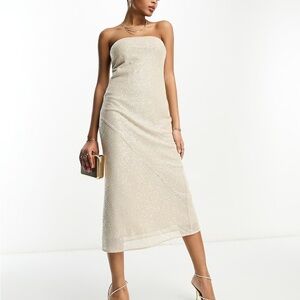 ASOS DESIGN embellished bandeau midi dress in allover sequin in stone